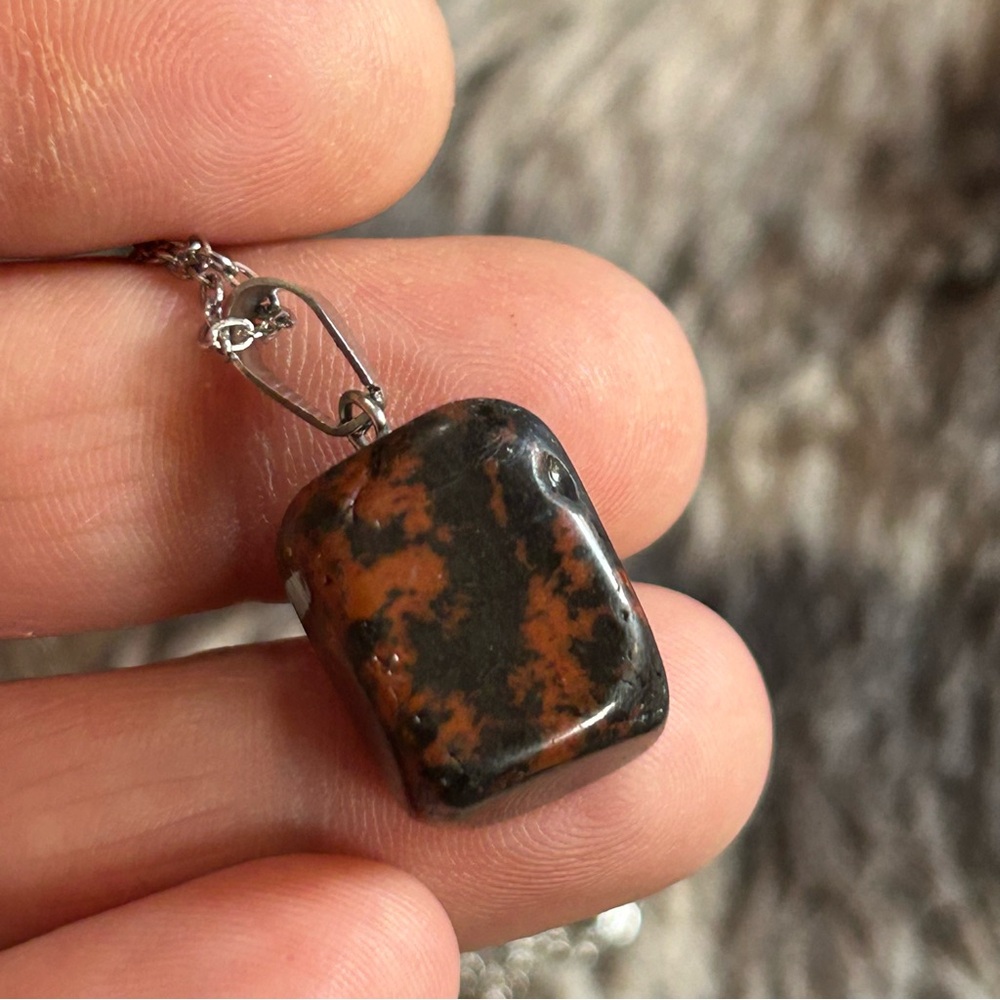 Natural mahogany obsidian stone pendant on chain necklace